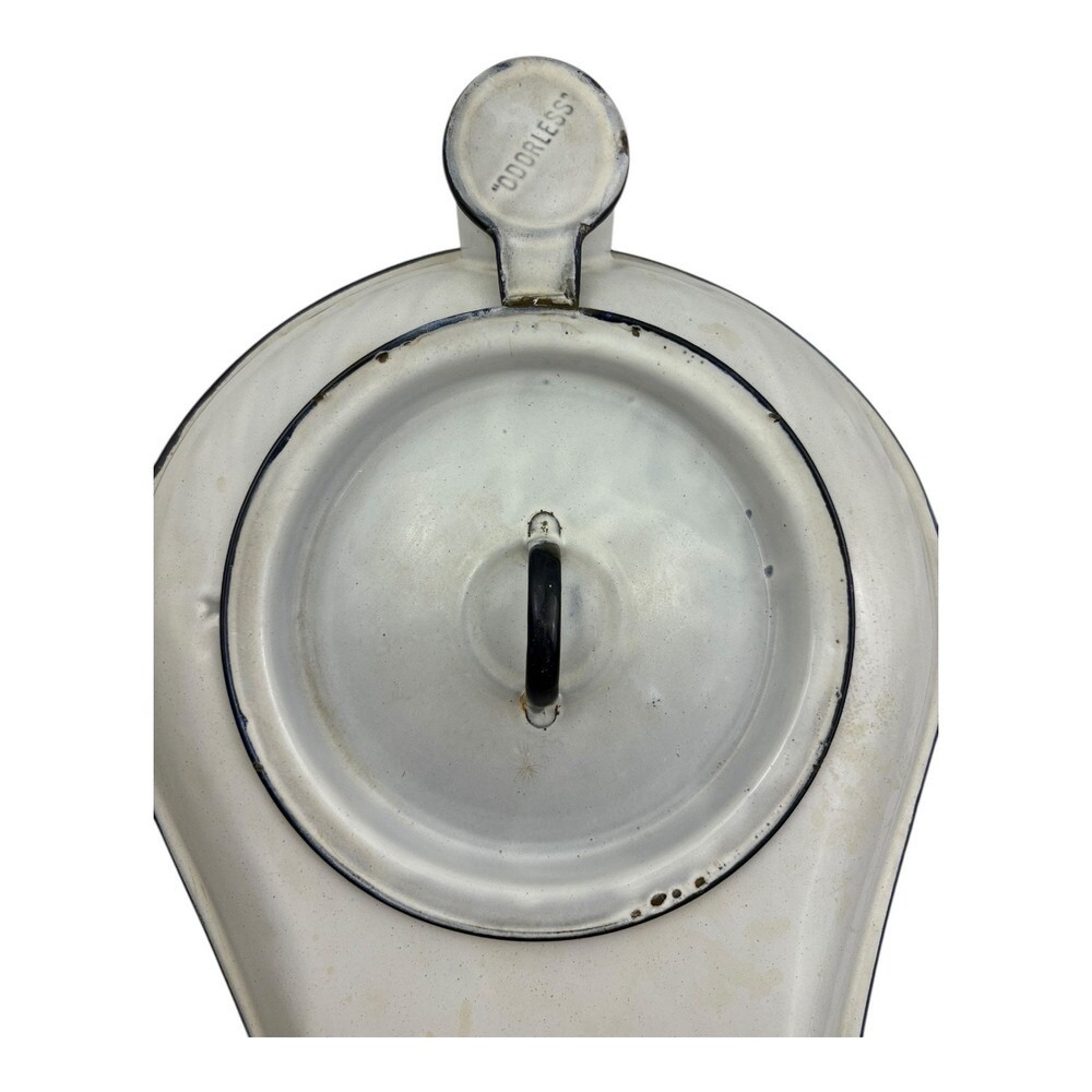 Vintage‎ Enamelware "Odorless" Bedpan with Lid - White & Black Trim - Picture 2 of 13